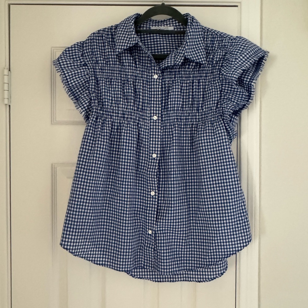 Olivaceous Button Down Smocked Gingham Blouse